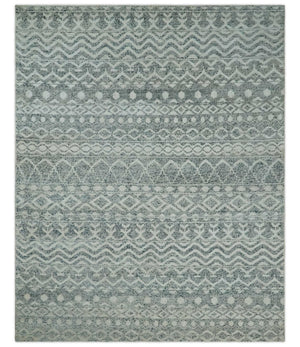 8x10 Hand Knotted Ivory, Gray and Blue Modern Contemporary Southwestern Tribal Trellis Recycled Silk Area Rug