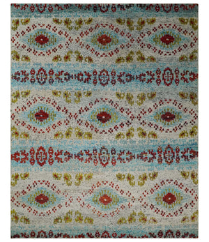 8x10 Hand Knotted Ivory, Red and Blue Persian Recycled Silk Area Rug