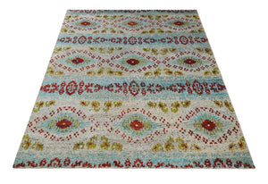 8x10 Hand Knotted Ivory, Red and Blue Persian Recycled Silk Area Rug