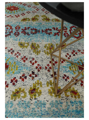 8x10 Hand Knotted Ivory, Red and Blue Persian Recycled Silk Area Rug