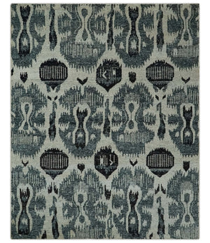 8x10 Hand Knotted Ivory, Teal and Black Contemporary Recycled Silk Area Rug
