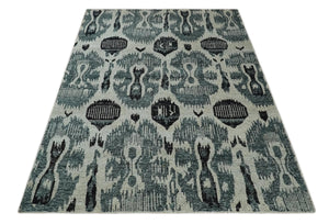 8x10 Hand Knotted Ivory, Teal and Black Contemporary Recycled Silk Area Rug