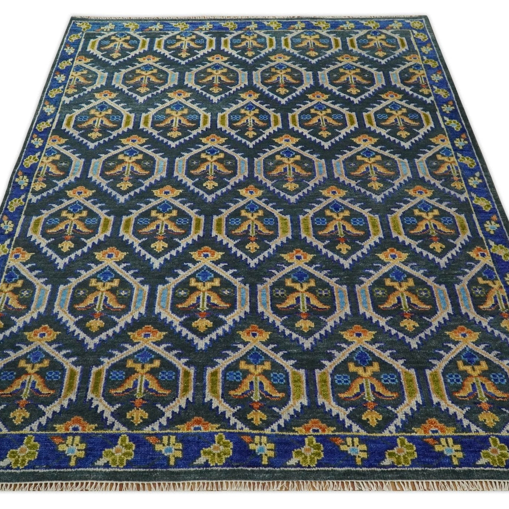 Hand Knotted Blue, Gold and Moss Green Vintage Style Custom Made wool Area Rug
