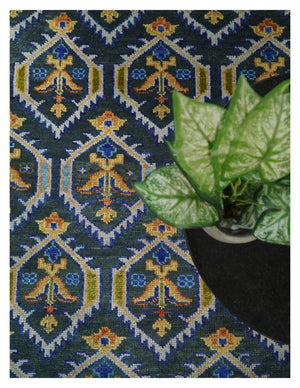 Hand Knotted Blue, Gold and Moss Green Vintage Style Custom Made wool Area Rug