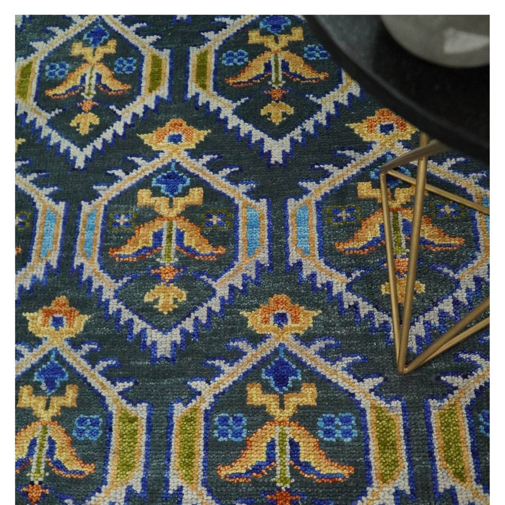 Hand Knotted Blue, Gold and Moss Green Vintage Style Custom Made wool Area Rug
