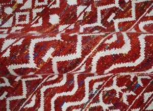 8x10 Hand Knotted Maroon and White Modern Contemporary Southwestern Recycled Silk Area Rug
