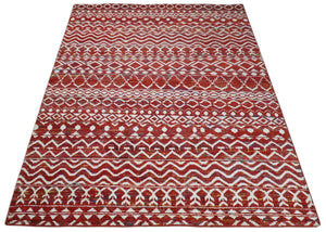 8x10 Hand Knotted Maroon and White Modern Contemporary Southwestern Recycled Silk Area Rug