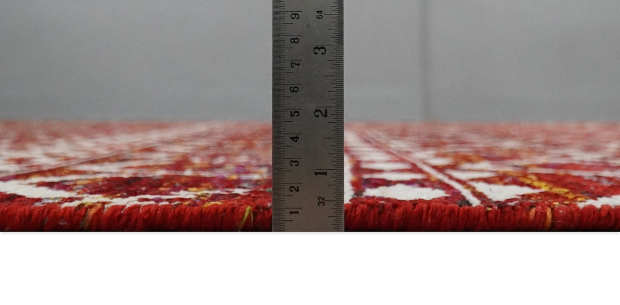 8x10 Hand Knotted Red and White Modern Contemporary Southwestern Tribal Trellis Recycled Silk Area Rug