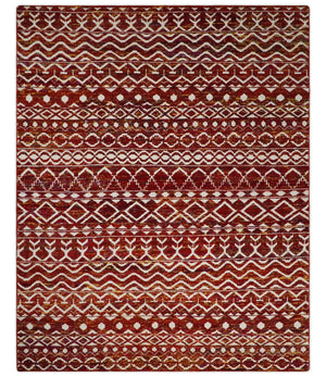 8x10 Hand Knotted Red and White Modern Contemporary Southwestern Tribal Trellis Recycled Silk Area Rug