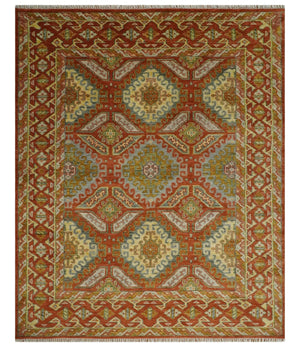 8x10 Hand Knotted Rust, Beige and Gray Oriental Traditional Wool Area Rug