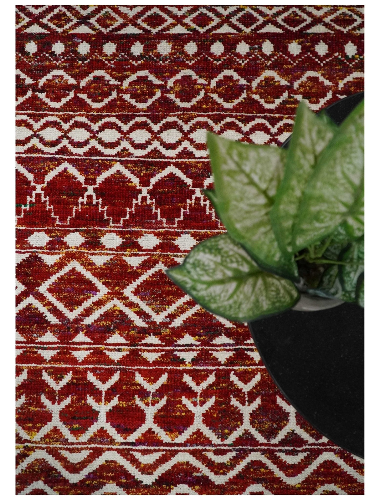 8x10 Hand Knotted Rust, Gold and White Modern Contemporary Southwestern Tribal Trellis Recycled Silk Area Rug