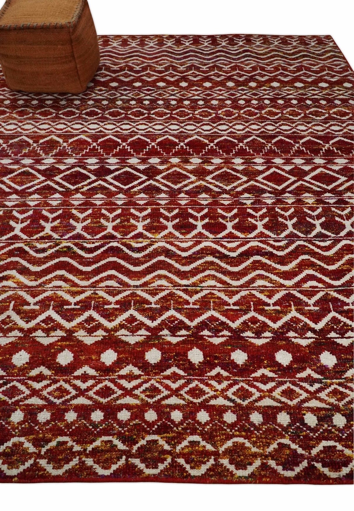 8x10 Hand Knotted Rust, Gold and White Modern Contemporary Southwestern Tribal Trellis Recycled Silk Area Rug