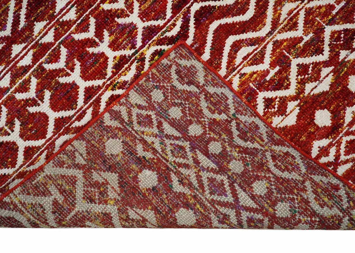 8x10 Hand Knotted Rust, Gold and White Modern Contemporary Southwestern Tribal Trellis Recycled Silk Area Rug