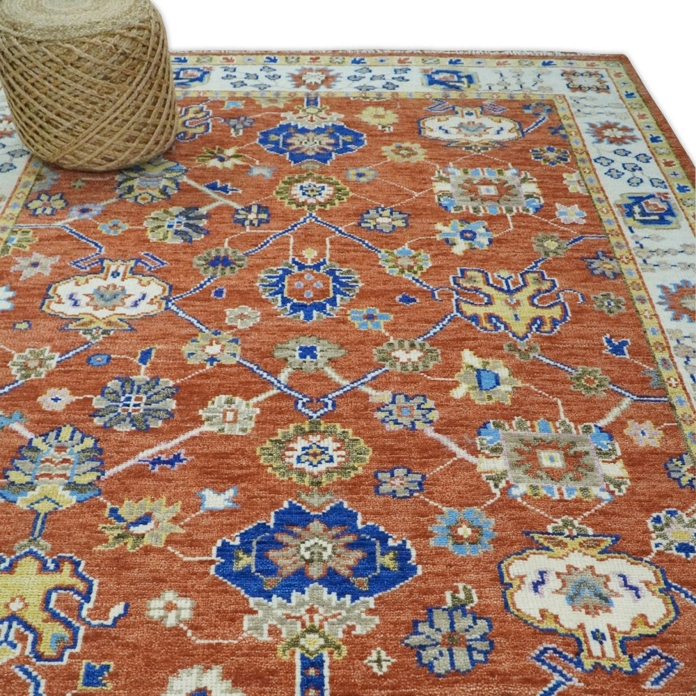 Rust, Ivory and Blue Hand Knotted Oriental Oushak Custom Made wool Area Rug