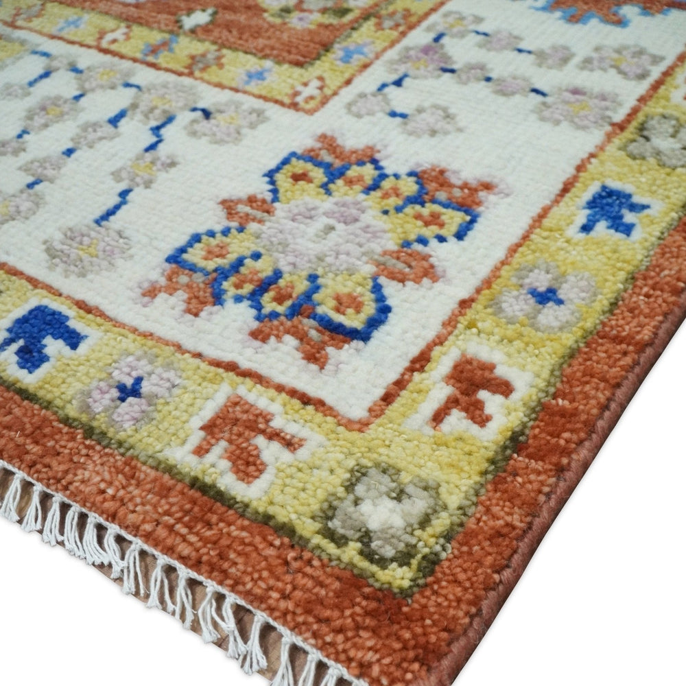 Rust, Ivory and Blue Hand Knotted Oriental Oushak Custom Made wool Area Rug