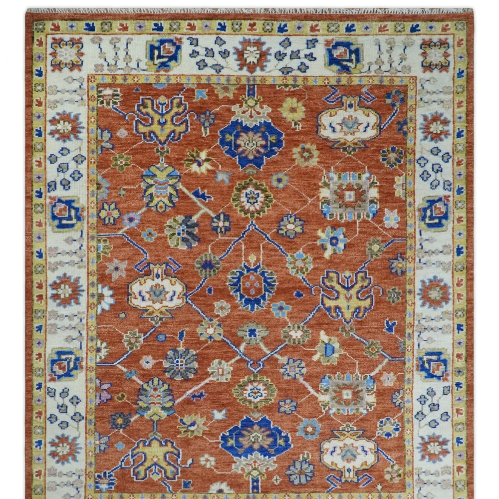 Rust, Ivory and Blue Hand Knotted Oriental Oushak Custom Made wool Area Rug