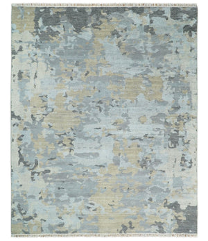 8x10 Hand Knotted Silver and Beige Modern Abstract Low Pile Wool Rug