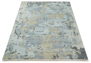 8x10 Hand Knotted Silver and Beige Modern Abstract Low Pile Wool Rug