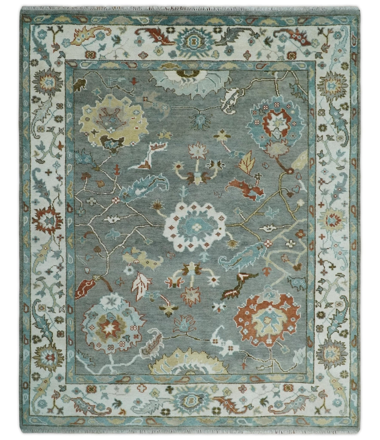 8x10 Hand Knotted Silver and Ivory Oriental Oushak Wool Rug
