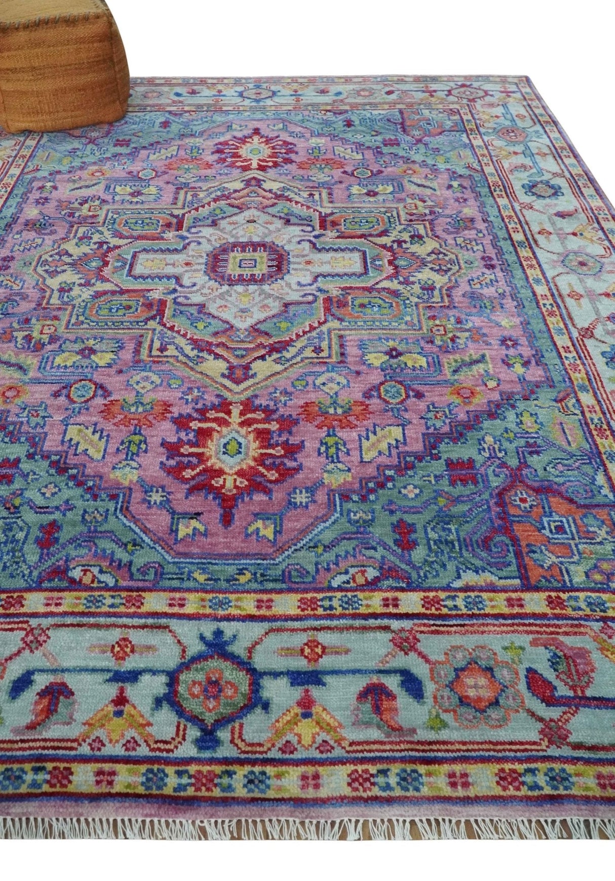 8x10 Hand Knotted Silver, Purple and Green Traditional Wool Rug