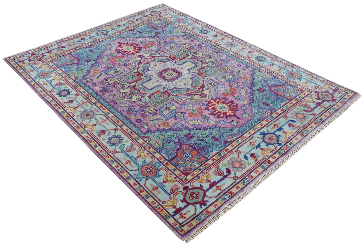 8x10 Hand Knotted Silver, Purple and Green Traditional Wool Rug
