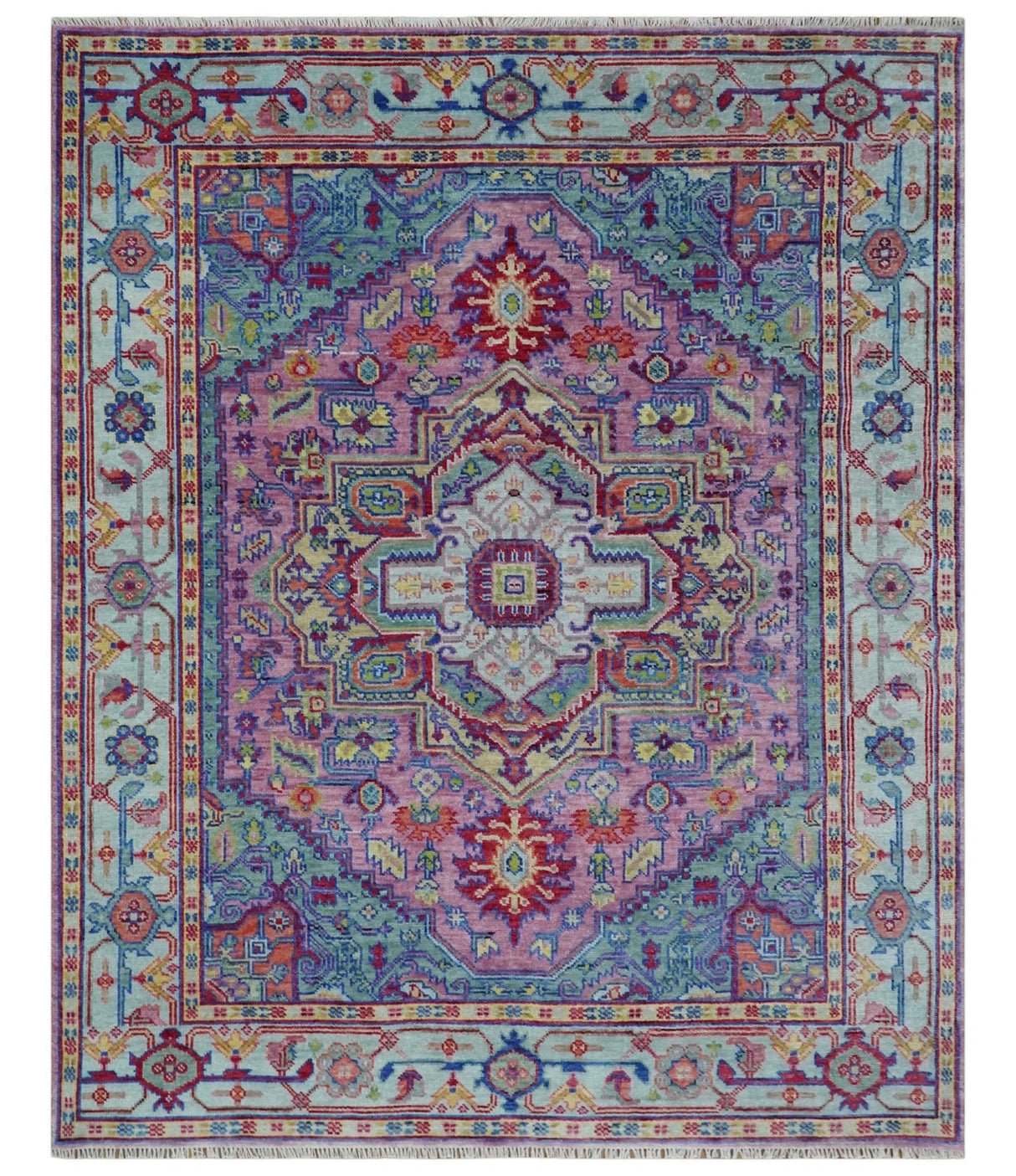 8x10 Hand Knotted Silver, Purple and Green Traditional Wool Rug