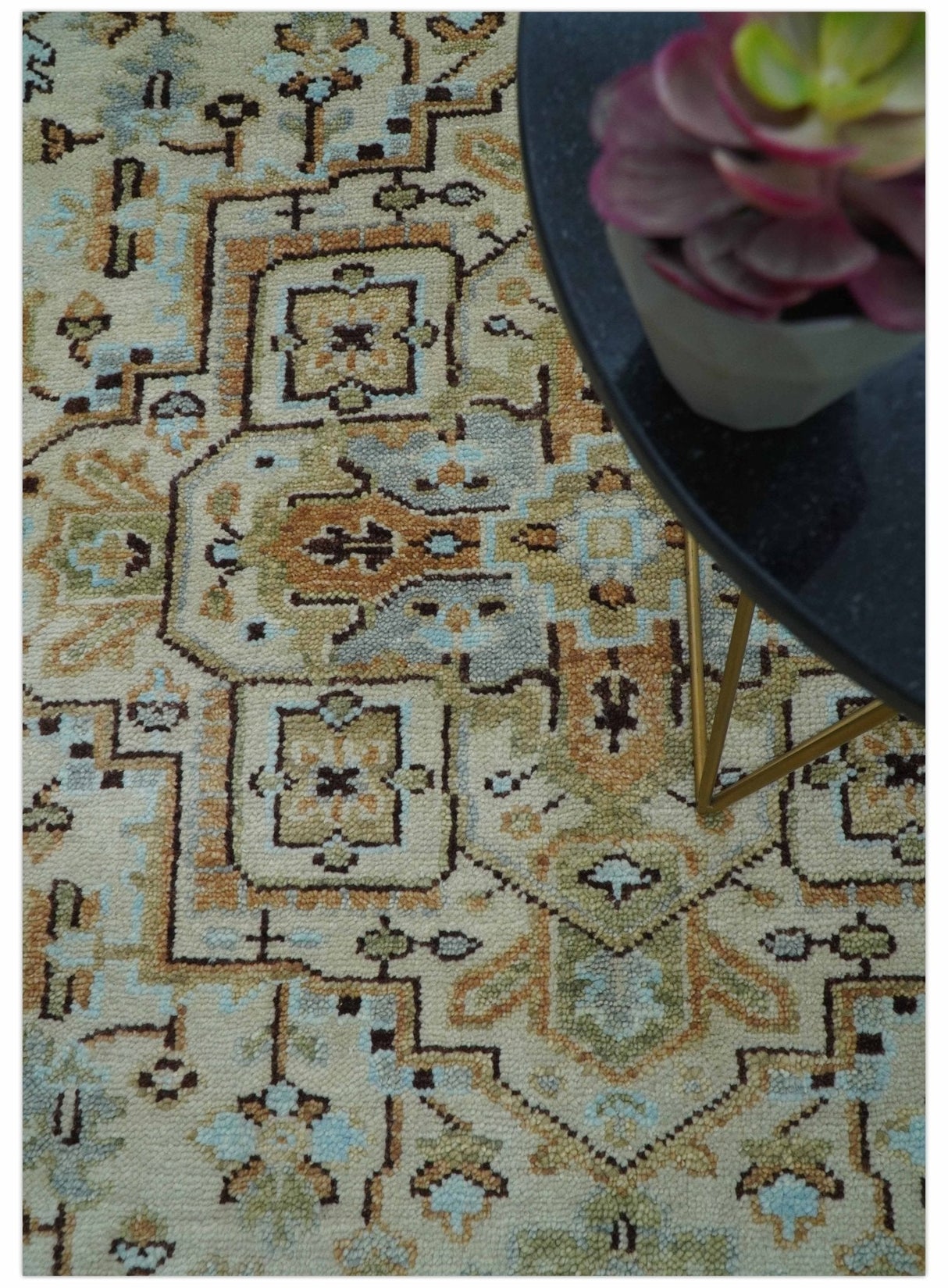 8x10 Hand Knotted Traditional Design Beige And Blue Wool Rug