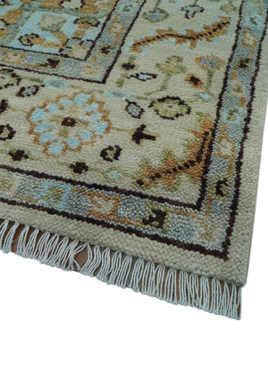 8x10 Hand Knotted Traditional Design Beige And Blue Wool Rug
