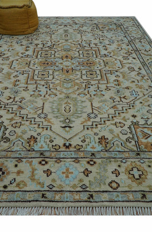 8x10 Hand Knotted Traditional Design Beige And Blue Wool Rug