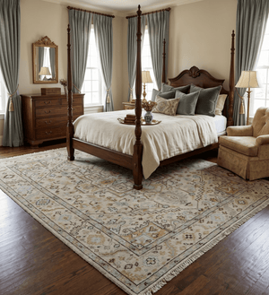 8x10 Hand Knotted Traditional Design Beige And Blue Wool Rug