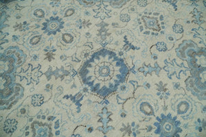 Hand Knotted Traditional Ivory and Blue Oxidized Textured Low Pile Wool Rug