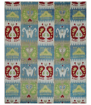 8x10 Hand Knotted White, Blue and Rust Modern Tribal Style Recycled Silk Area Rug
