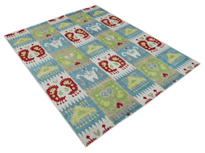 8x10 Hand Knotted White, Blue and Rust Modern Tribal Style Recycled Silk Area Rug