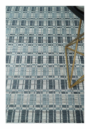 8x10 Hand Made Checkered Beige, Blue and Charcoal Blended Wool Area Rug