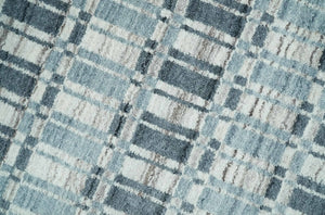 8x10 Hand Made Checkered Beige, Blue and Charcoal Blended Wool Area Rug