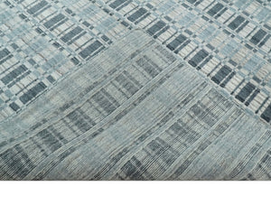 8x10 Hand Made Checkered Beige, Blue and Charcoal Blended Wool Area Rug