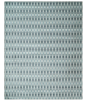 8x10 Hand Made Checkered Beige, Blue and Charcoal Blended Wool Area Rug