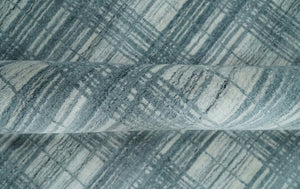 8x10 Hand Made Checkered Ivory and Blue Blended Wool Flatwoven Area Rug