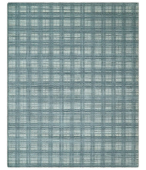 8x10 Hand Made Checkered Ivory and Blue Blended Wool Flatwoven Area Rug