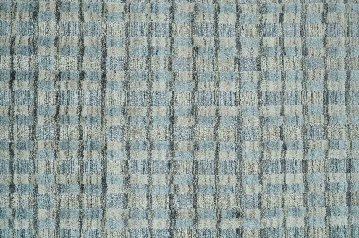 8x10 Hand Made Checkered Blue and Ivory Blended Wool  Area Rug