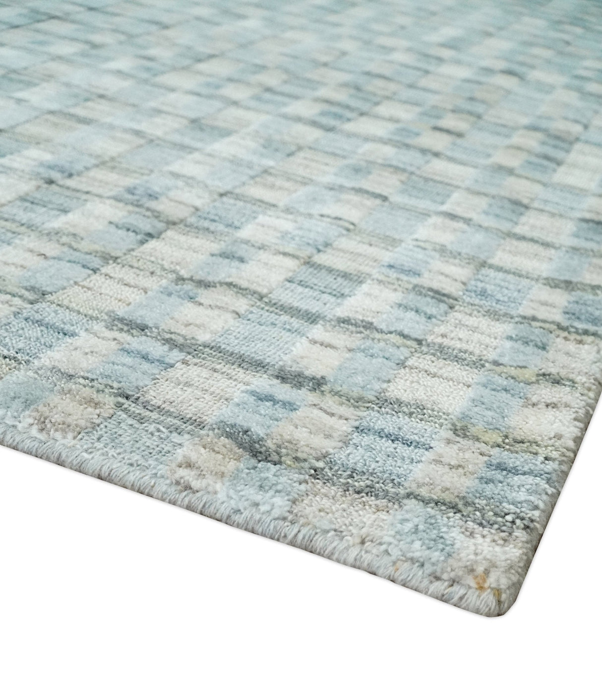 8x10 Hand Made Checkered Blue and Ivory Blended Wool  Area Rug