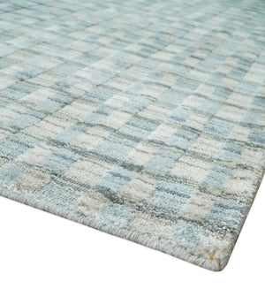 8x10 Hand Made Checkered Blue and Ivory Blended Wool  Area Rug