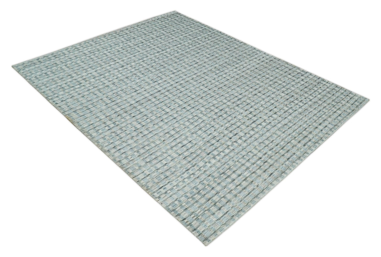 8x10 Hand Made Checkered Blue and Ivory Blended Wool  Area Rug