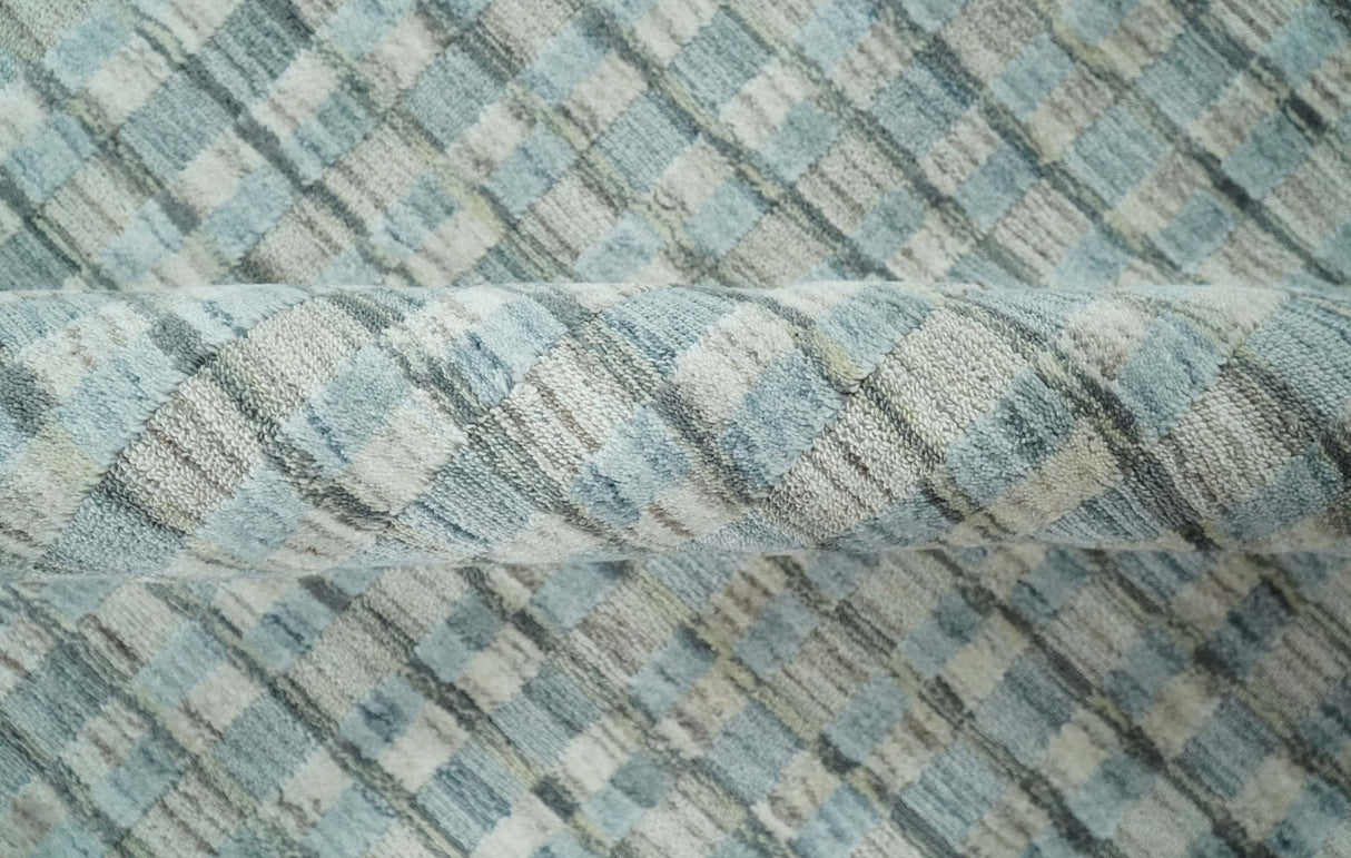 8x10 Hand Made Checkered Blue and Ivory Blended Wool  Area Rug