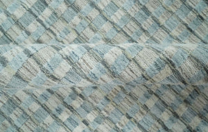 8x10 Hand Made Checkered Blue and Ivory Blended Wool  Area Rug