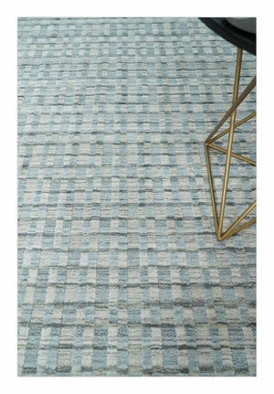 8x10 Hand Made Checkered Blue and Ivory Blended Wool  Area Rug