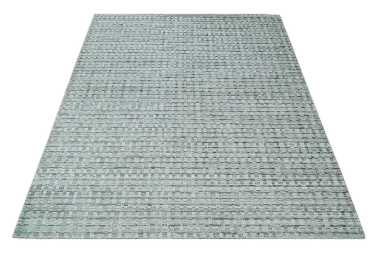 8x10 Hand Made Checkered Blue and Ivory Blended Wool  Area Rug