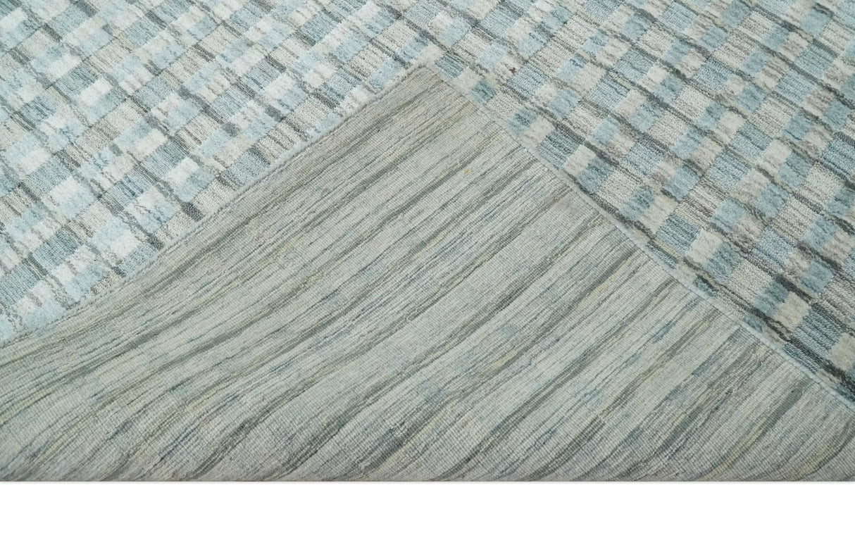 8x10 Hand Made Checkered Blue and Ivory Blended Wool  Area Rug