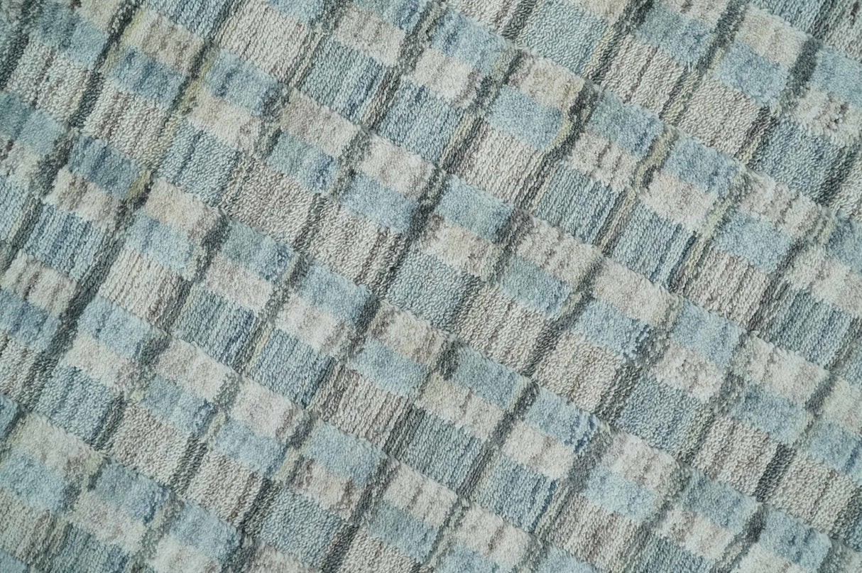 8x10 Hand Made Checkered Blue and Ivory Blended Wool  Area Rug