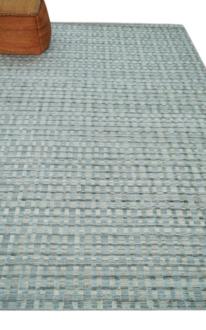 8x10 Hand Made Checkered Blue and Ivory Blended Wool  Area Rug